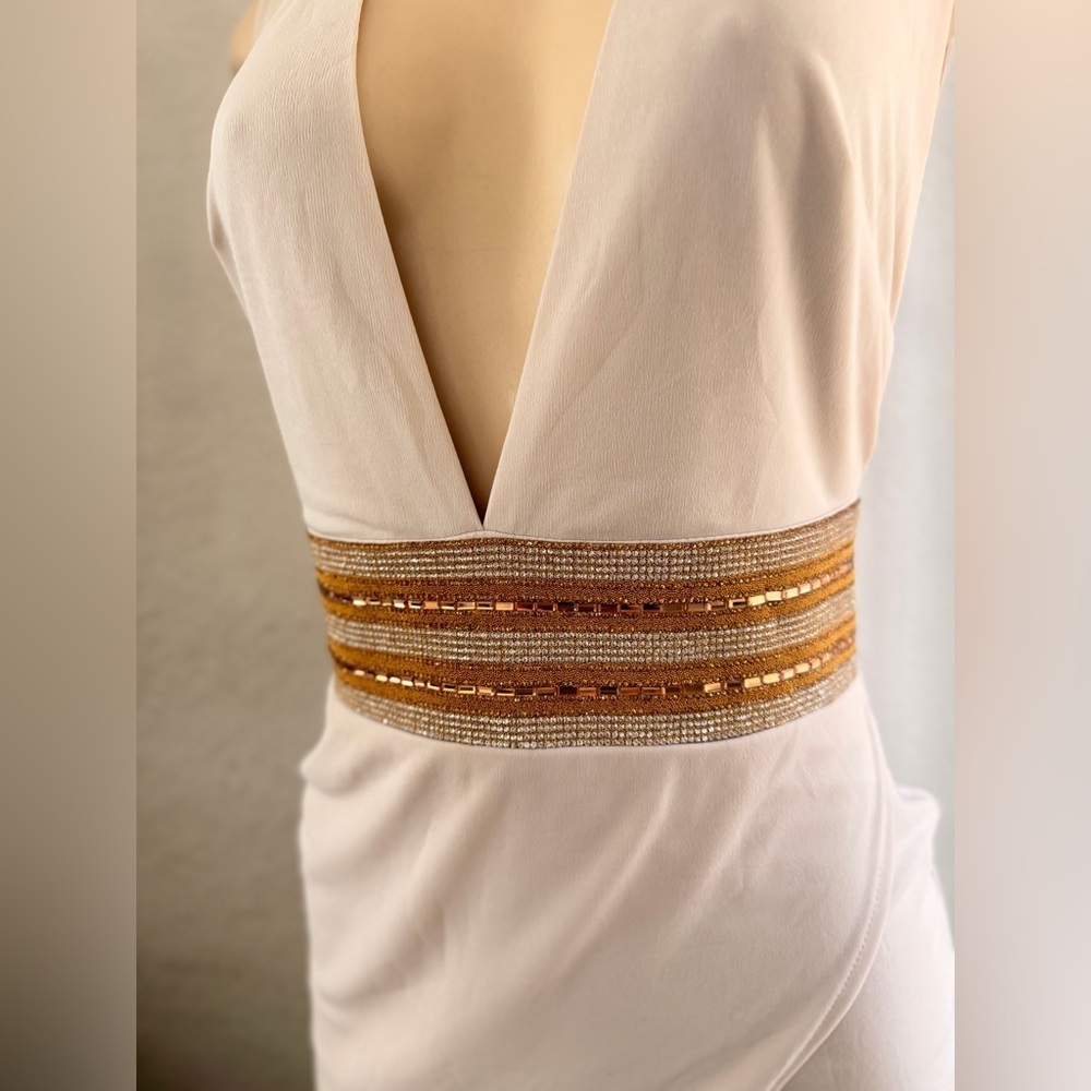 bebe ivory embellished Jewel Waist asym Plunge deep v top dress S - Picture 6 of 13